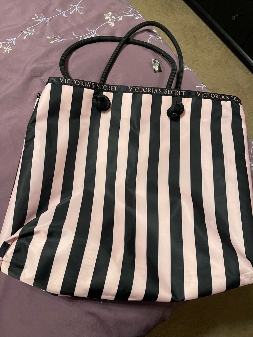 Victoria's Secret Pink and Black Vertical Stripe Tote